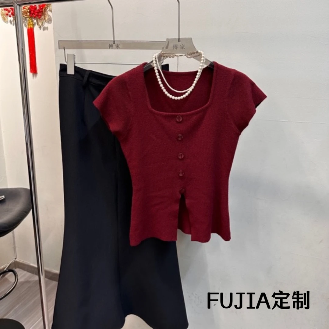 FUJIA设计感小众洋气方领针织上衣1388