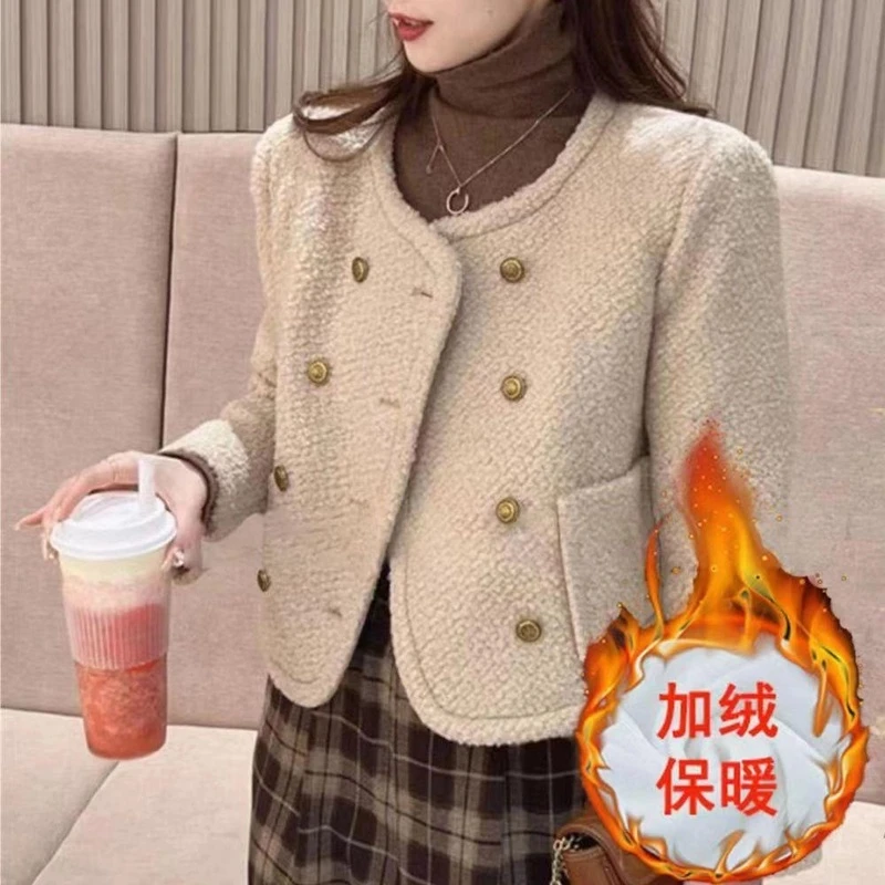 加绒加厚小香风呢短外套女秋冬厚外套小个子时尚百搭保暖上衣T781