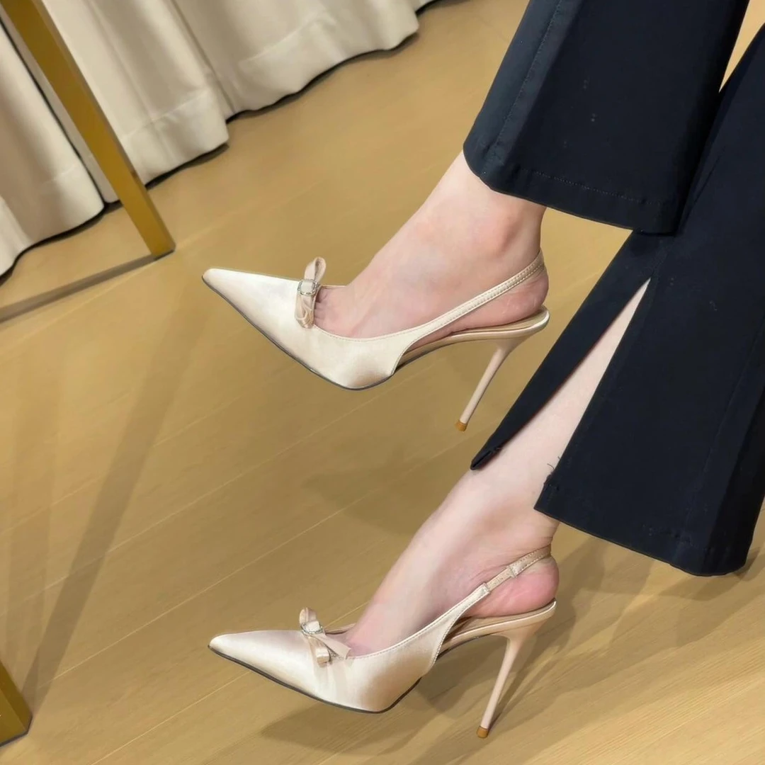 2025春夏季新款香槟色绸缎蝴蝶结高跟鞋女细跟尖头法式仙女风单鞋