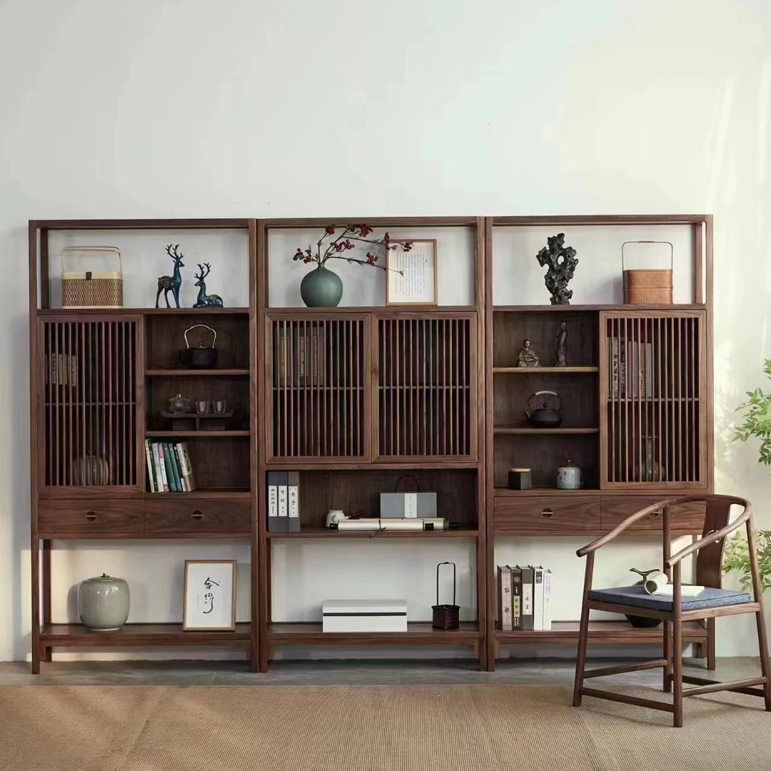 一丁家居北美黑胡桃新中式禅意博古架书架书柜