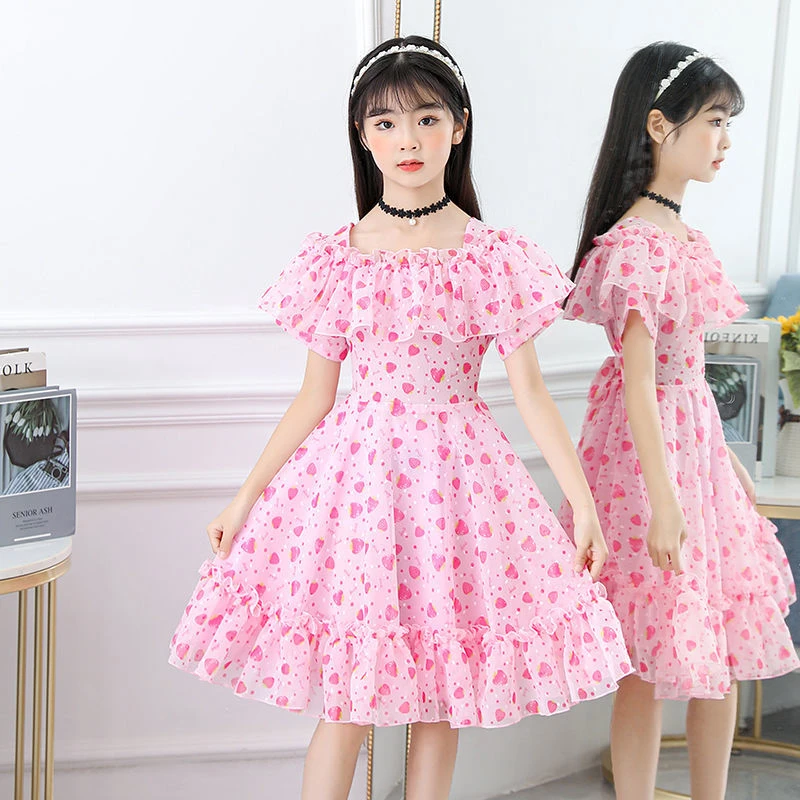 女童夏季短袖连衣裙中大童雪纺洋气时尚甜美女孩草莓碎花公主裙子