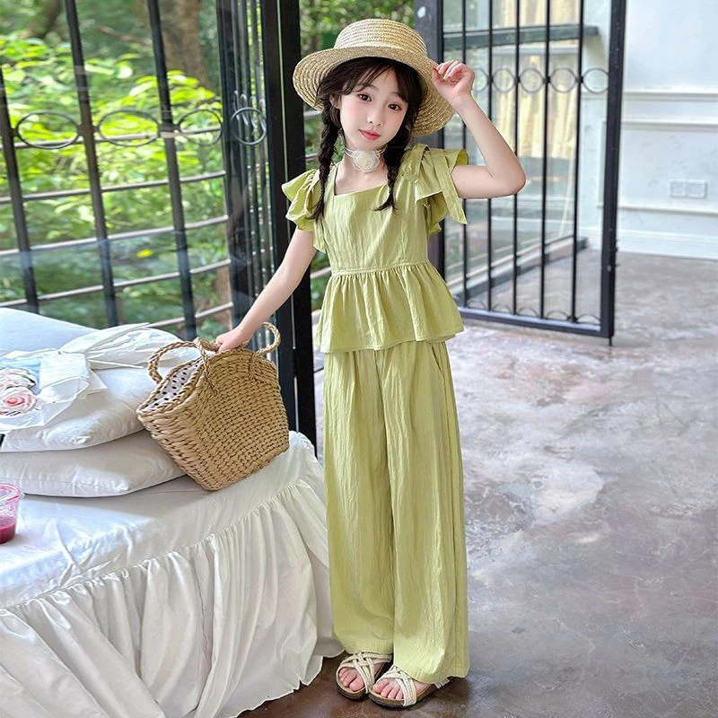 女童夏季套装2025儿童新款时尚中大童休闲洋气蝴蝶结小飞袖两件套