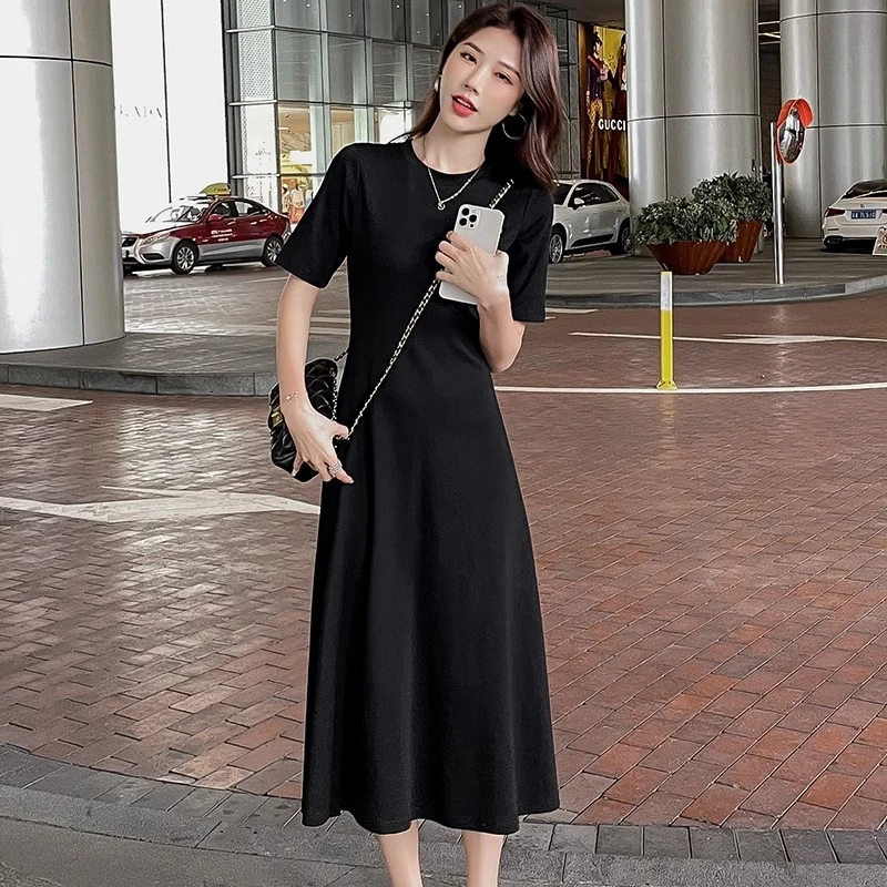 黑色短袖连衣裙女夏季新款高级感宽松气质显瘦圆领长裙高腰A字裙
