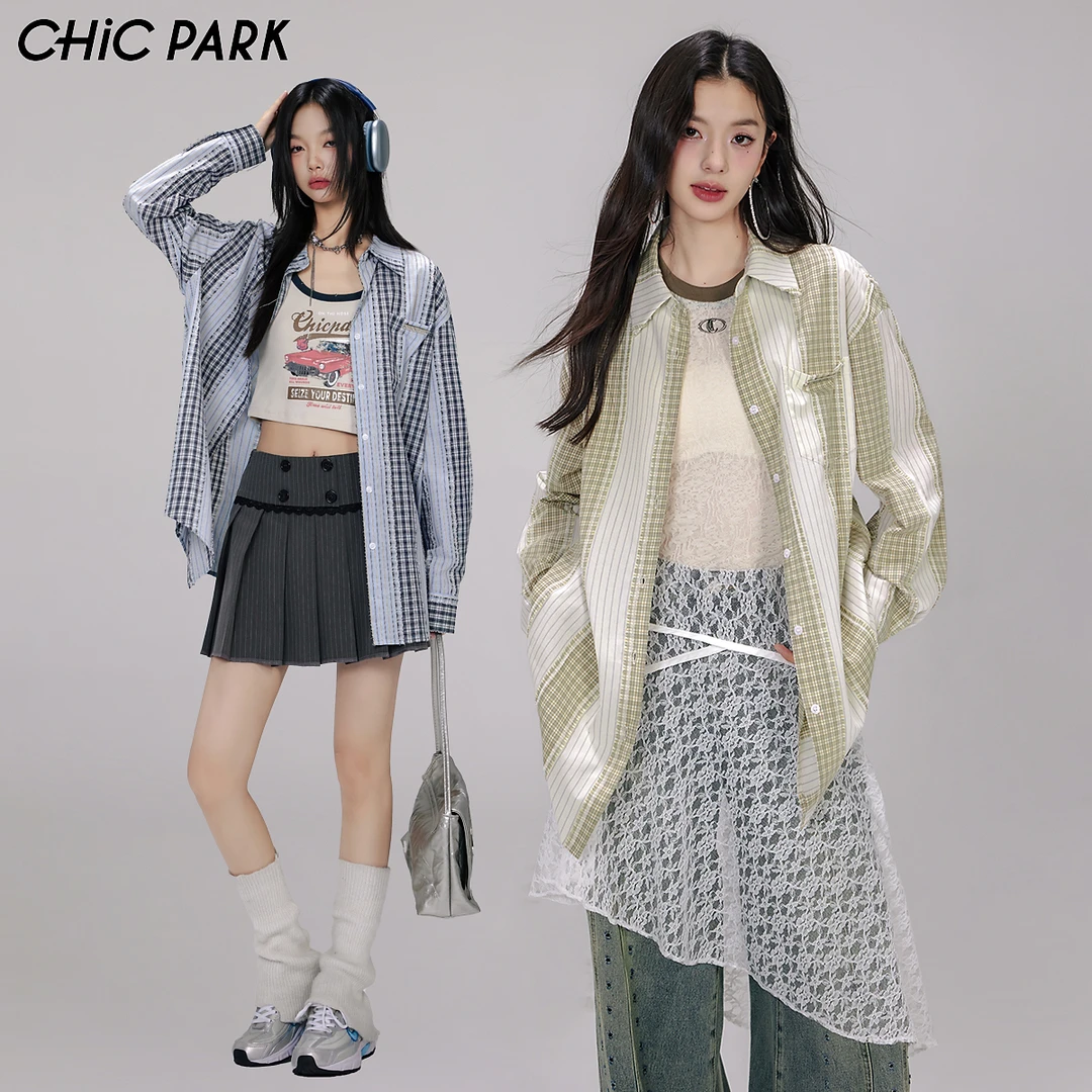 CHiCPARK复古慵懒宽松落肩撞色长袖衬衫蕾丝拼接精致优雅通勤上衣