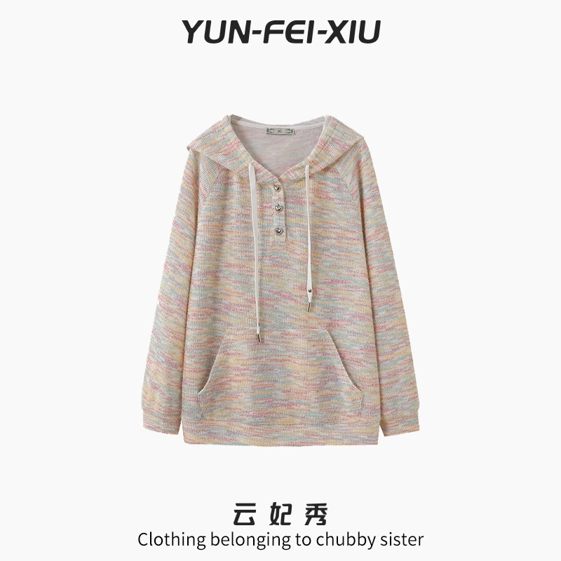 云妃秀大码女装针织衫百搭时尚连帽上衣显瘦宽松减龄秋季新12930
