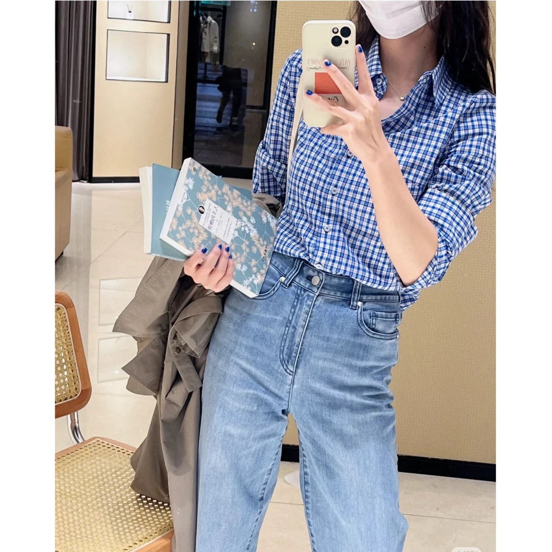 GIRDEAR/哥弟「午茶小调」百搭蓝色休闲复古格子衬衣 1300641