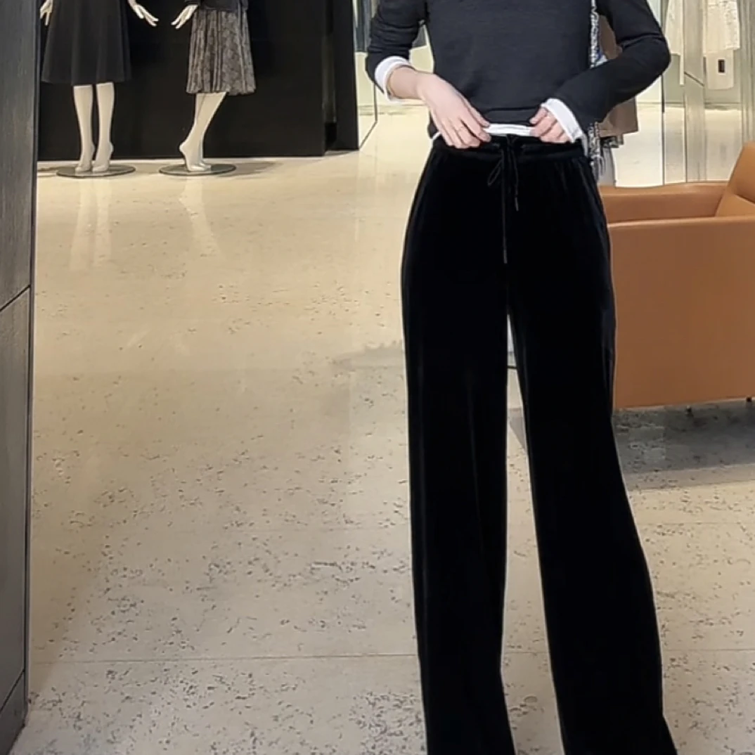 GIRDEAR/哥弟「街拍裤」高腰休闲松紧系绳直筒丝绒长裤女1100498