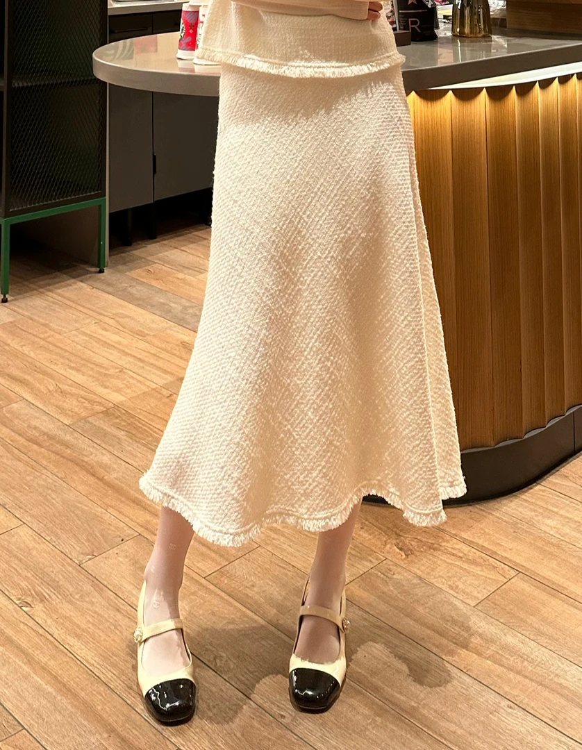 【北海道初雪】哥弟新款流苏高腰小香风鱼尾半身长裙1200354