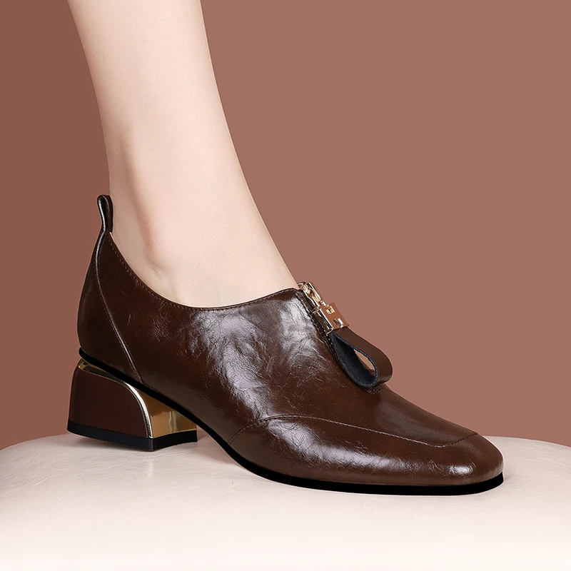 前拉链方头深口中跟单鞋女粗跟时尚棕色百搭春秋季小皮鞋女鞋Q218