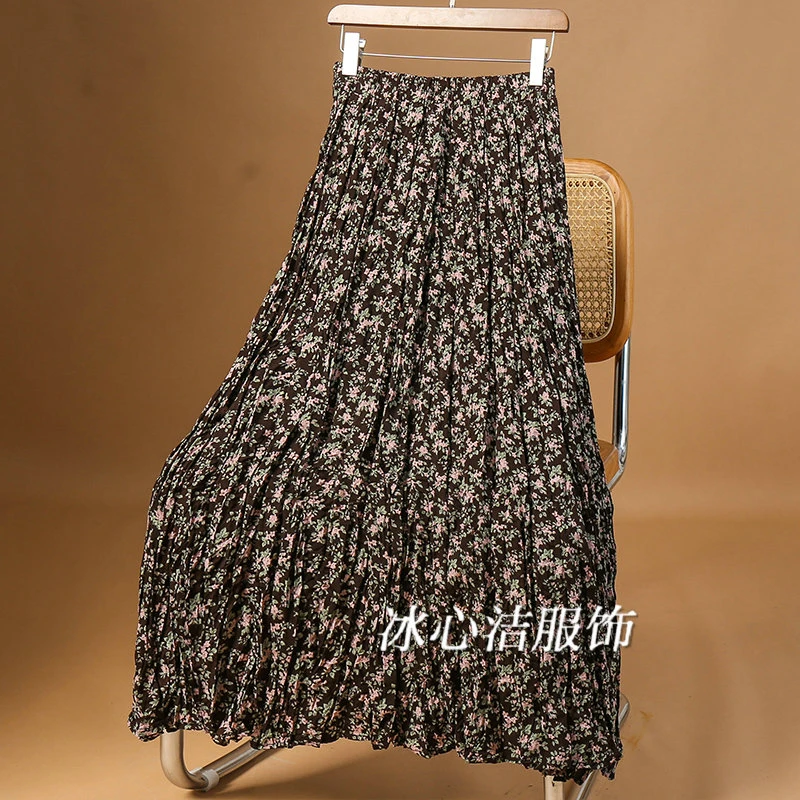 复古碎花大摆褶皱半身裙女秋季2024新款高腰垂感裙子显瘦伞裙长裙