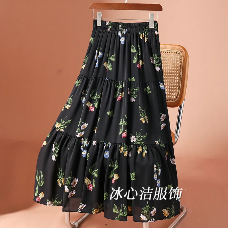 夏天薄款黑色碎花雪纺蛋糕裙半身裙女夏季高腰显瘦小个子裙子长裙