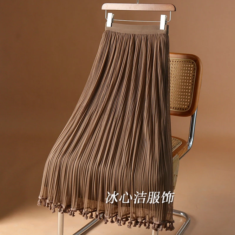 垂感网纱流苏百褶裙半身裙两面穿女秋季2024新款高腰开叉裙子长裙