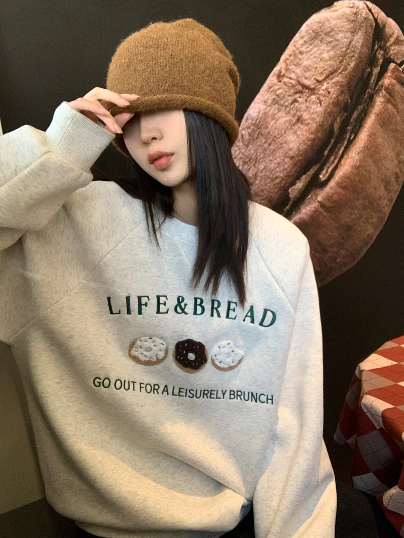 山东青岛即墨卫衣2025新款女春秋中长款圆领套头秋冬加绒加厚刺绣