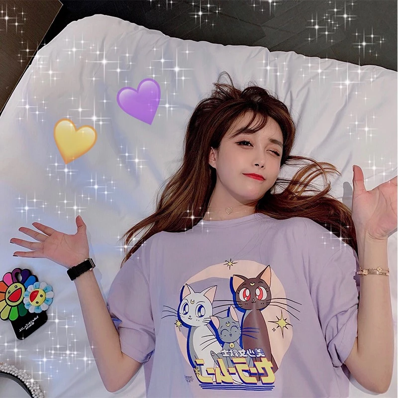 紫色短袖大t恤女夏纯棉中长款遮屁股上衣下衣消失失踪下半身宽松