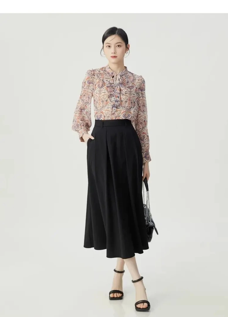 哥弟女装新款高腰复古百搭中长款伞裙显瘦半身裙1200366