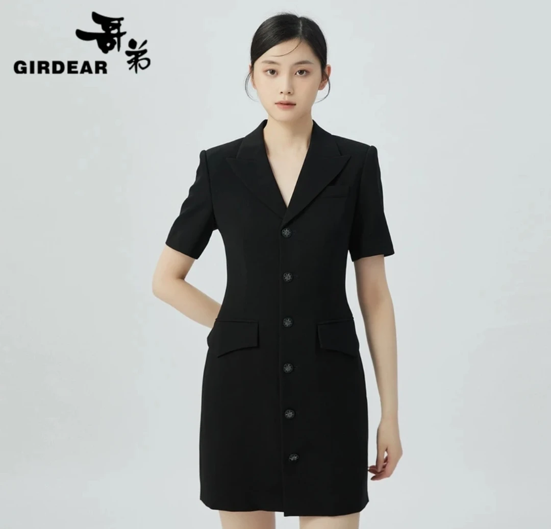 哥弟气质翻领两穿修身显瘦款西装夏季连衣裙黑色裙子1500430