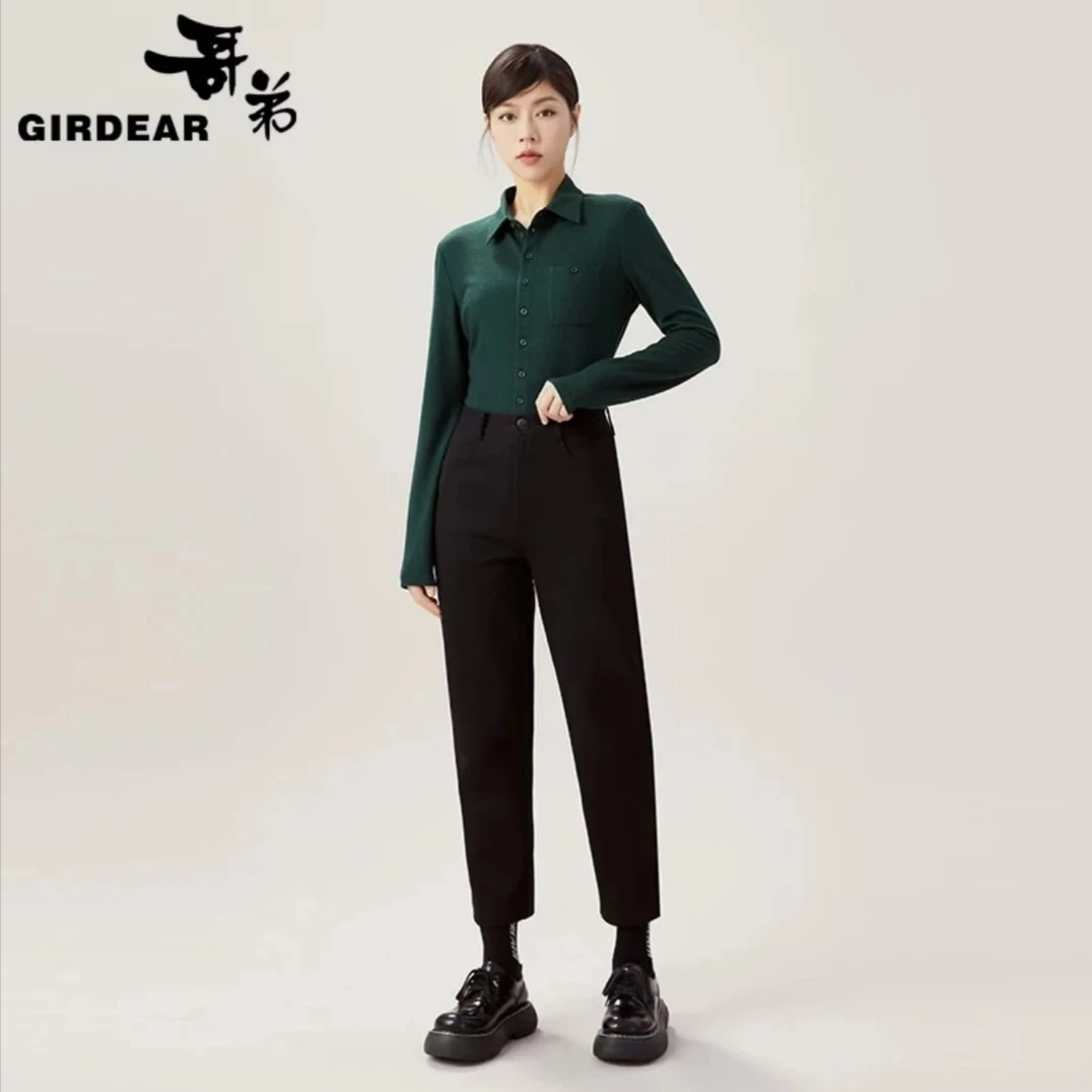 哥弟新款植绒休闲显瘦百搭高腰九分烟管裤1100435