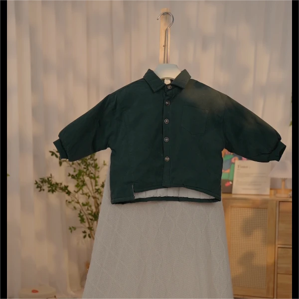 【编号K588】7809-16-儿童不规则下摆加棉衬衣深绿色-MDD