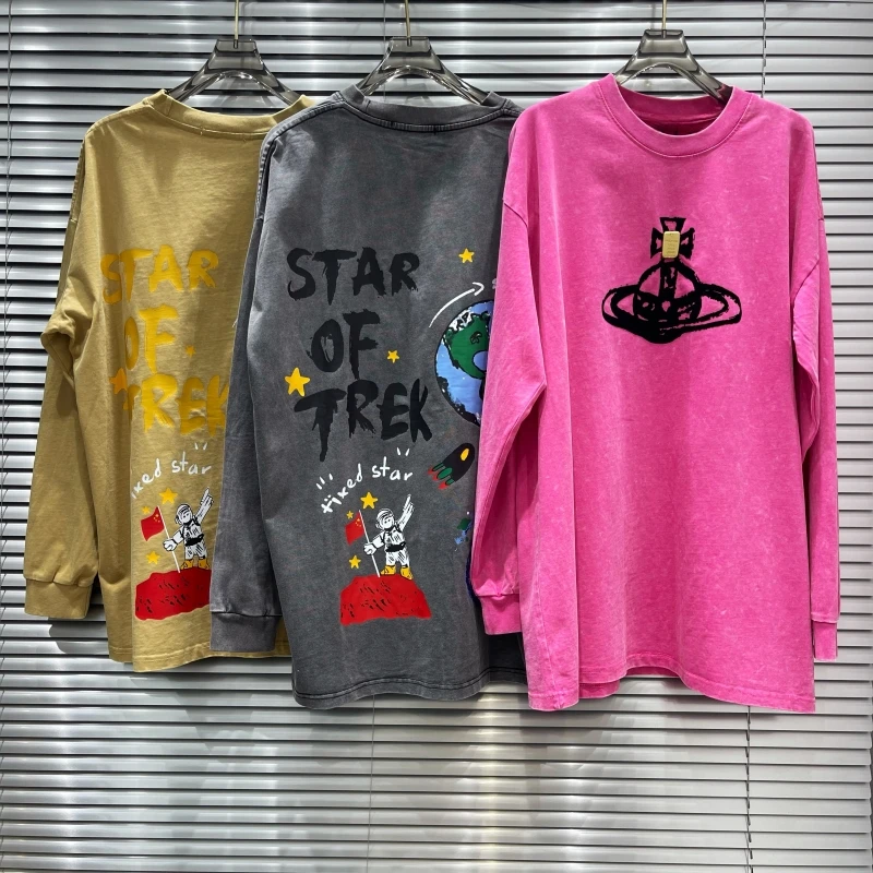 抄色做旧洗水做旧扎染植绒土星长袖T恤地球涂鸦宽松甜酷休闲上衣