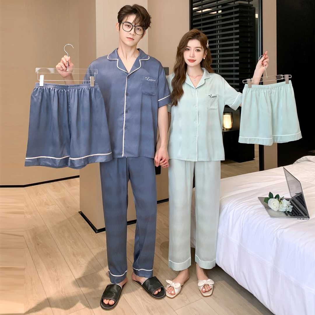 夏季情侣三件套装睡衣男女夏天新款开衫短袖冰冰丝高级感家居服