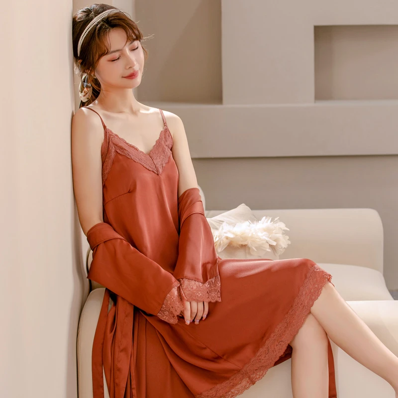 乐姿梦冰丝睡衣女春秋季性感吊带睡裙高级感甜美新款睡衣系带晨袍