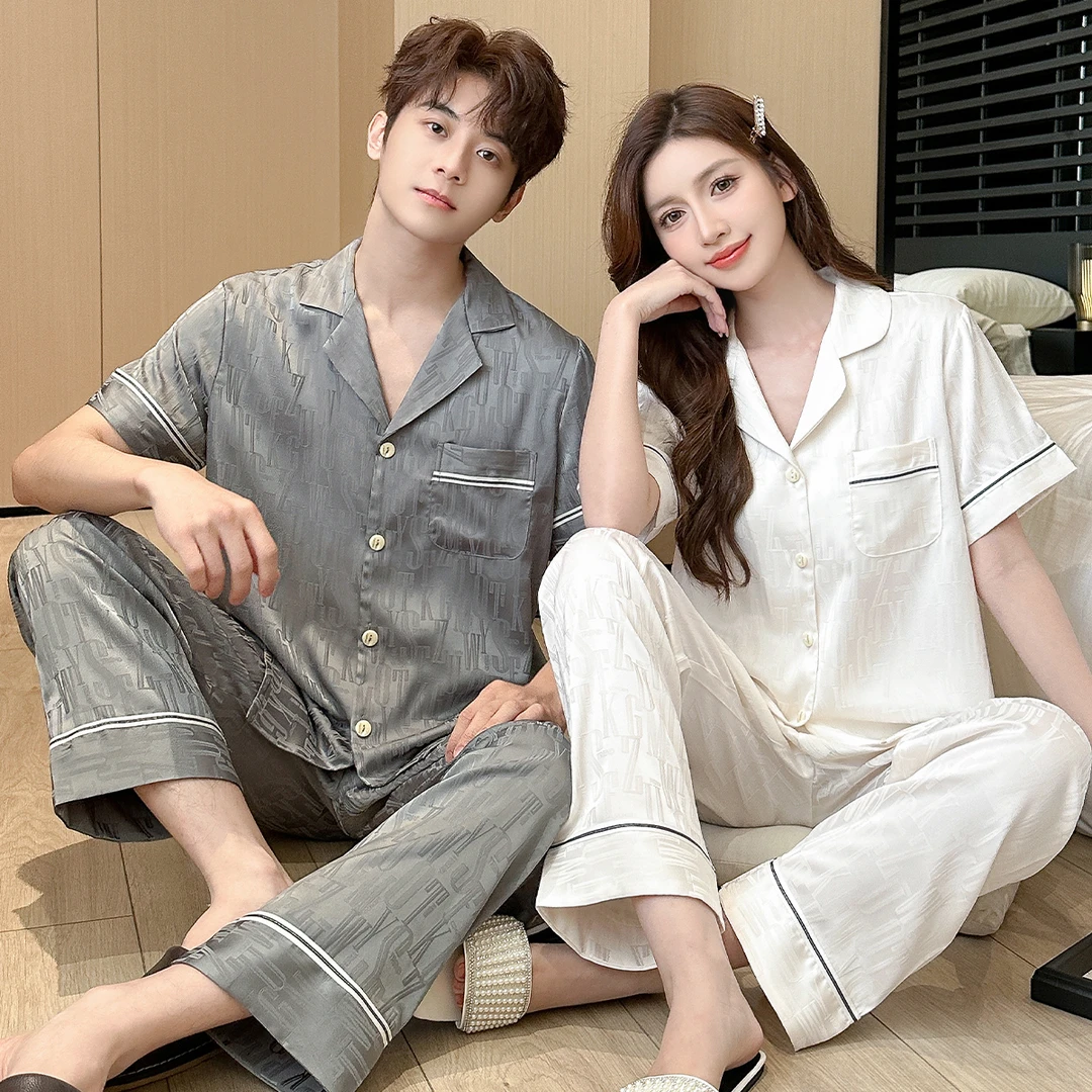 情侣睡衣女夏季冰丝薄款2025新款高级感短袖长裤男士家居服两件套