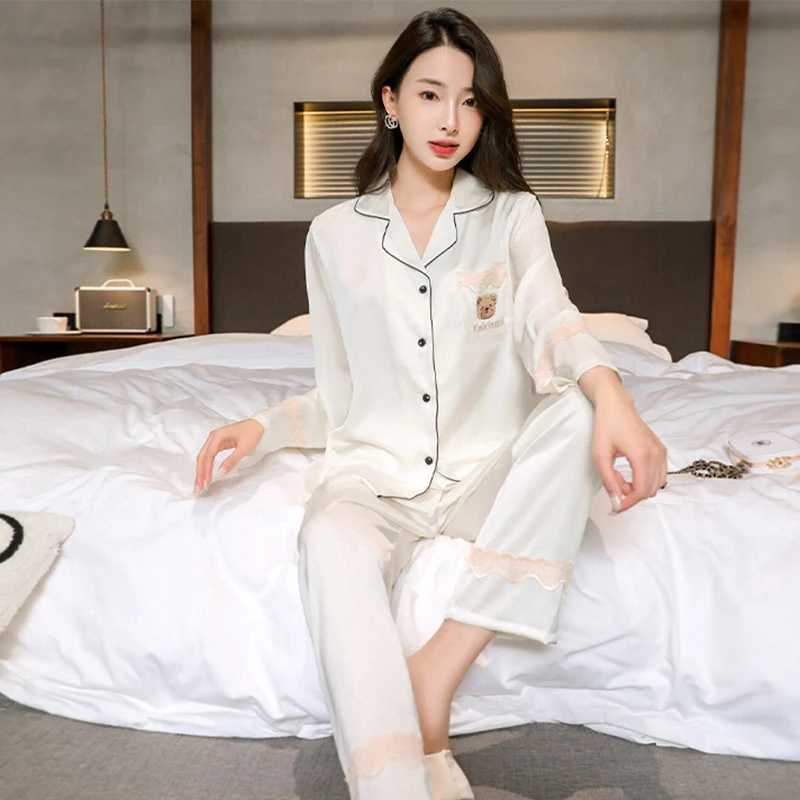 乐姿梦睡衣女春秋款冰丝长袖高级感网红风夏季小熊套装家居服薄款