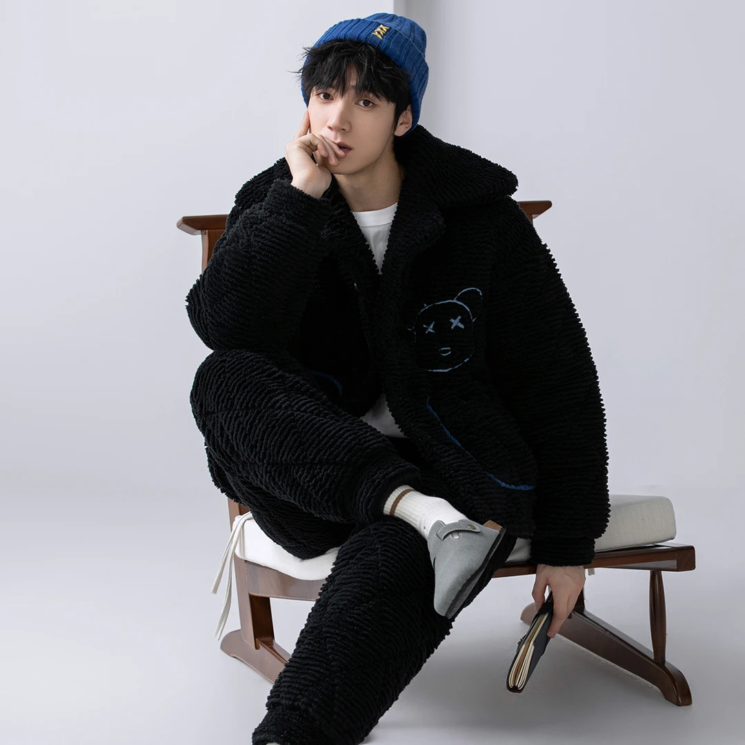 乐姿梦冬天睡衣男士三层加厚款保暖夹棉袄珊瑚绒高级感冬季男大码