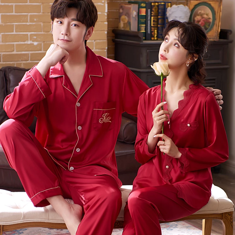 结婚睡衣新婚情侣套装本命年冰丝春秋款红色长袖女男士一对家居服