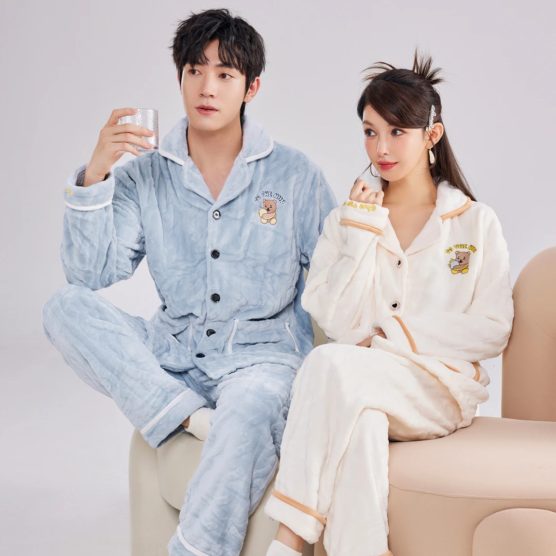 乐姿梦情侣睡衣秋冬季女珊瑚绒加厚加绒奶乎乎毛毛男士保暖家居服