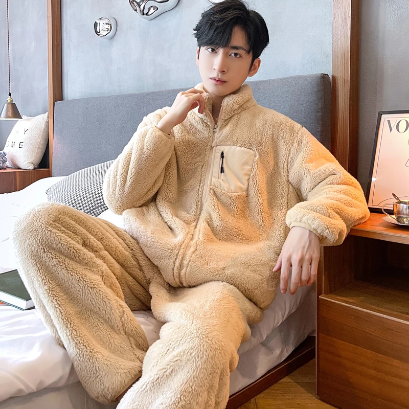 秋冬款珊瑚绒睡衣男秋冬季加厚加绒家居服拉链大码法兰绒男士套装