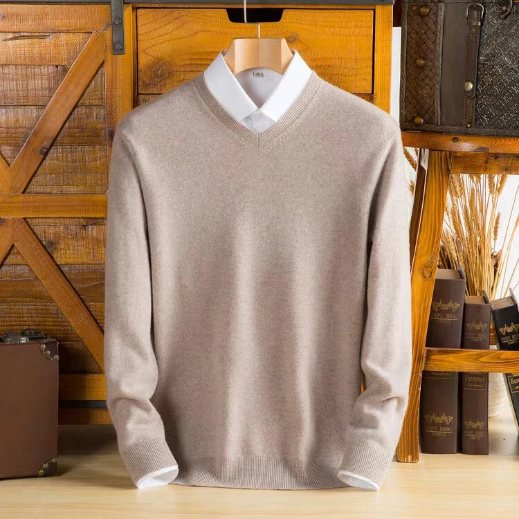 新款山羊绒男士冬季纯色加厚休闲百搭针织V领羊绒打底衫
