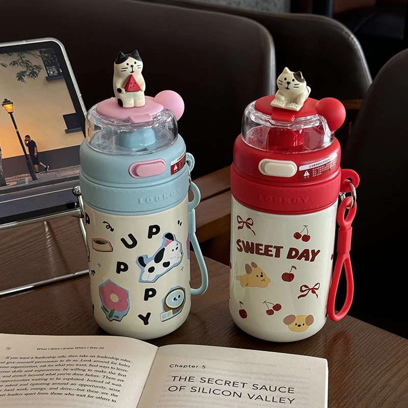 可爱女生高颜值保温杯学生不锈钢水杯双饮便携吸管咖啡杯新款2024