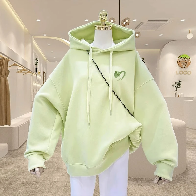 浅绿色连帽卫衣女2023春秋冬新款爆款宽松慵懒风加绒加厚上衣外套
