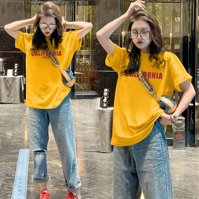 黄色纯棉宽松设计感小众短袖T恤女2023夏季新款欧货大版上衣ins潮