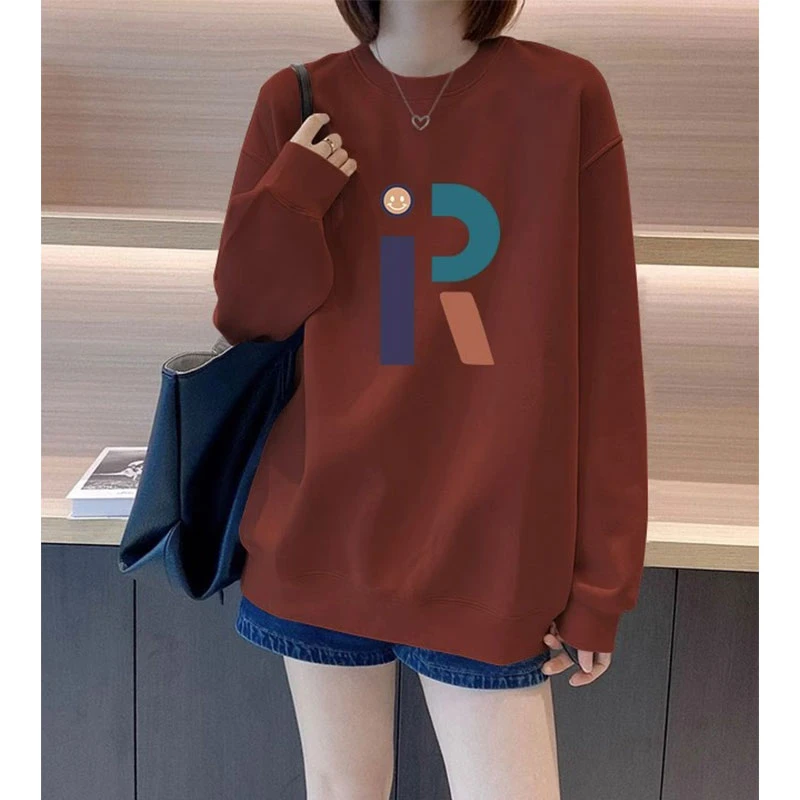 枣红色无帽卫衣女潮ins2023新款秋冬加绒加厚印花宽松圆领上衣服