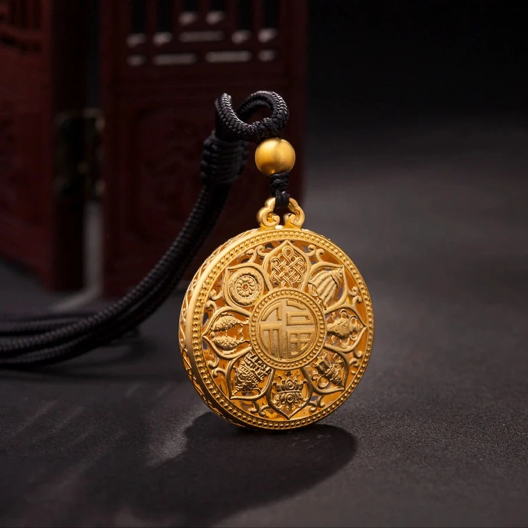 铜合金项链 男女同款国风双面雕刻八宝罗盘福牌吊坠镂空莲花项链