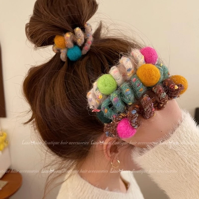 彩虹软糖~秋冬毛线电话线发圈可爱头绳2023新款高端橡皮筋女扎头