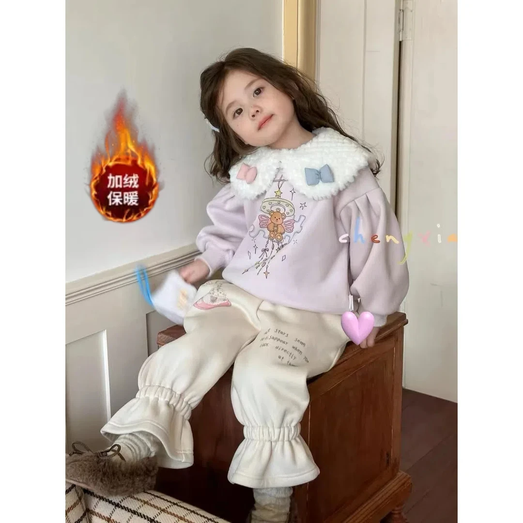 儿童秋冬新款娃娃领韩系女童小童洋气翻领卡通加绒卫衣喇叭卫裤