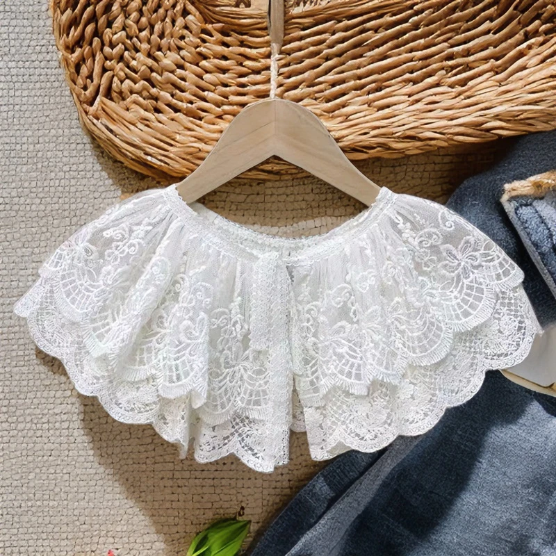 春秋森式假领子披肩复古文艺气质双层刺绣蕾丝坎肩百搭系绳娃娃领