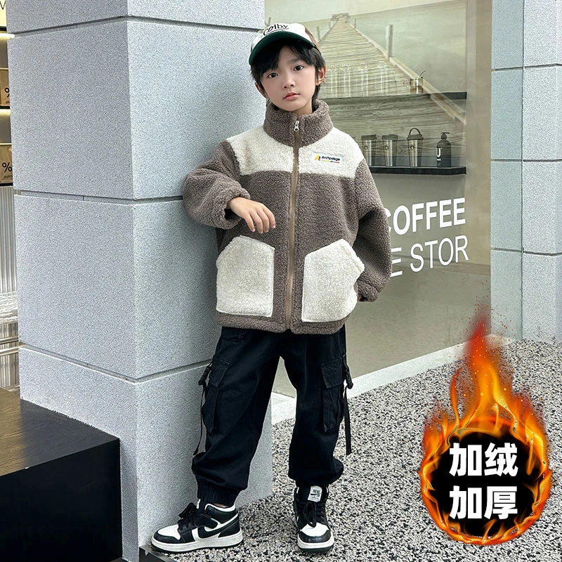 儿童加厚毛毛衣男女秋冬新款中大童洋气上衣儿童网红羊羔绒外套潮