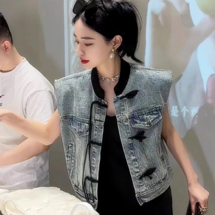 早春秋季新中式牛仔马甲外套女款夏季2025新款小个子外搭短款上衣