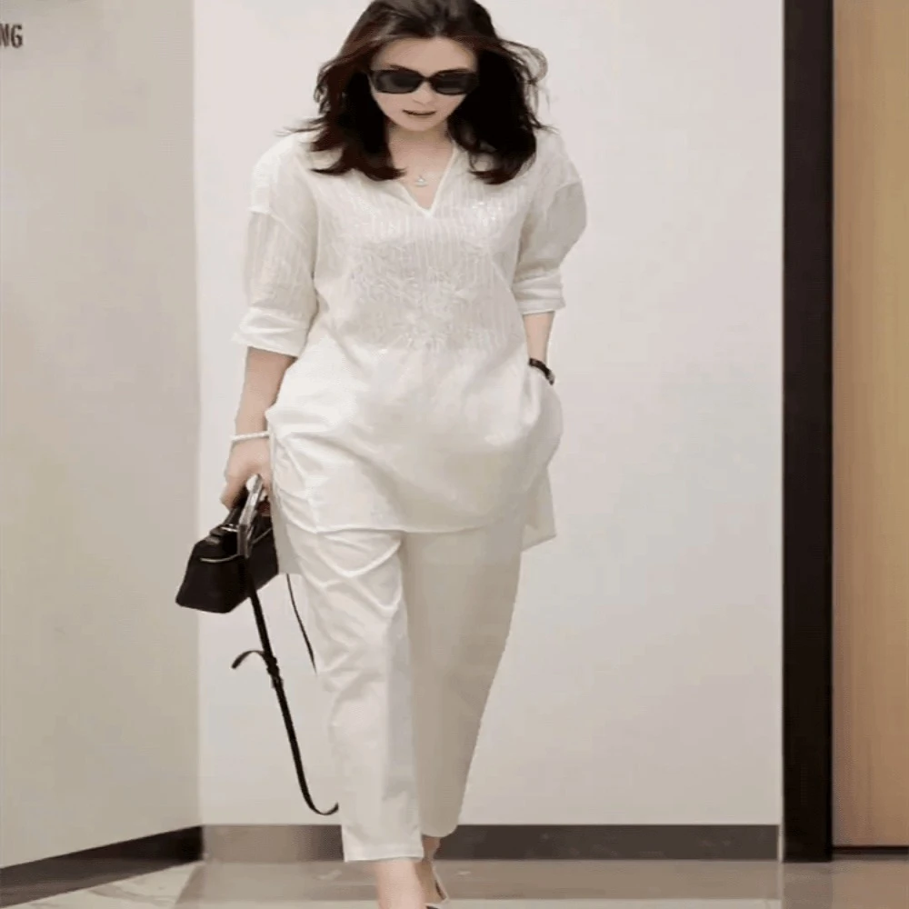 2024年夏季网红新款时尚精致气质V领重工亮片中袖上衣裤子套装女