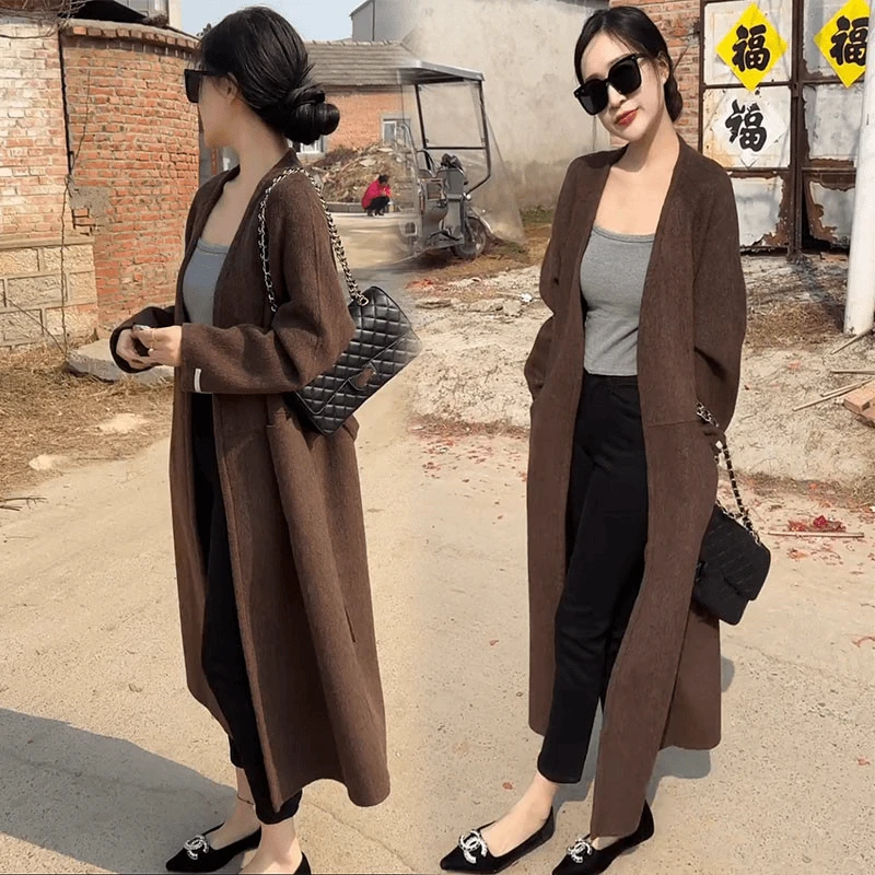 春季新款韩版宽松显瘦中长款过膝毛呢外套女高端气质V领慵懒大衣
