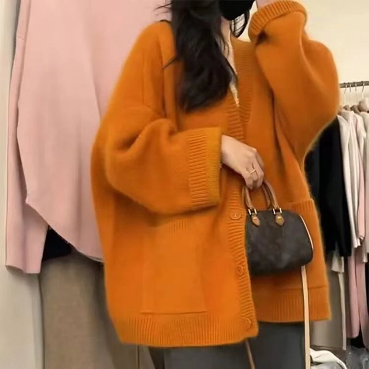 秋冬季外套女橘色毛衣开衫外搭厚款2023慵懒风宽松时尚温柔针织衫