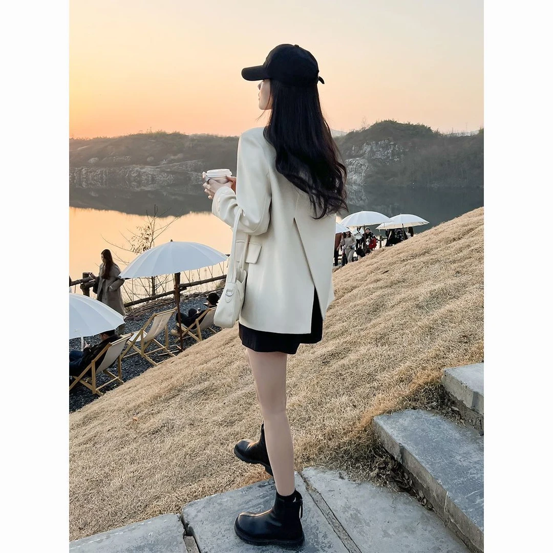 休闲西装外套女2023新款春秋小个子韩版气质宽松开叉高级感小西服