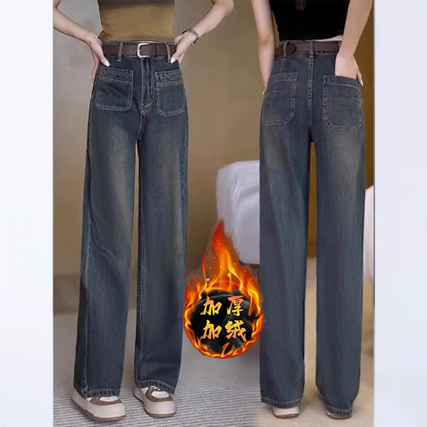 直筒复古加绒牛仔裤女2023秋冬季新款高腰宽松显瘦大码窄版阔腿裤