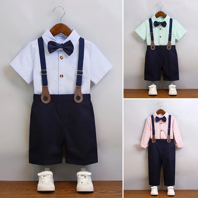 儿童礼服夏季新款条纹短袖背带裤套装儿童主持钢琴演讲毕业演出服