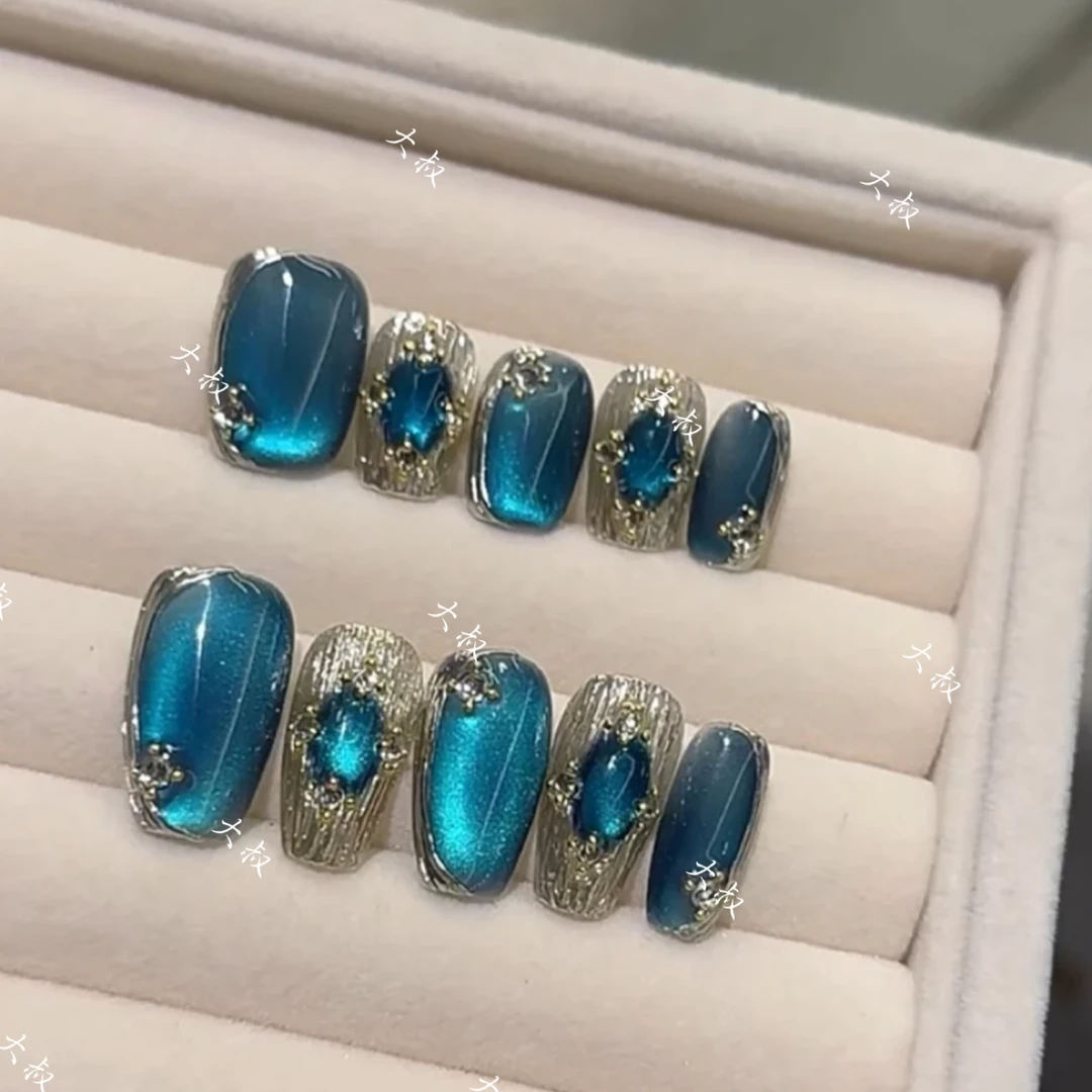 纯手工定制【蓝宝石晶石猫眼】手工穿戴甲穿戴美甲可重复穿戴 短梯