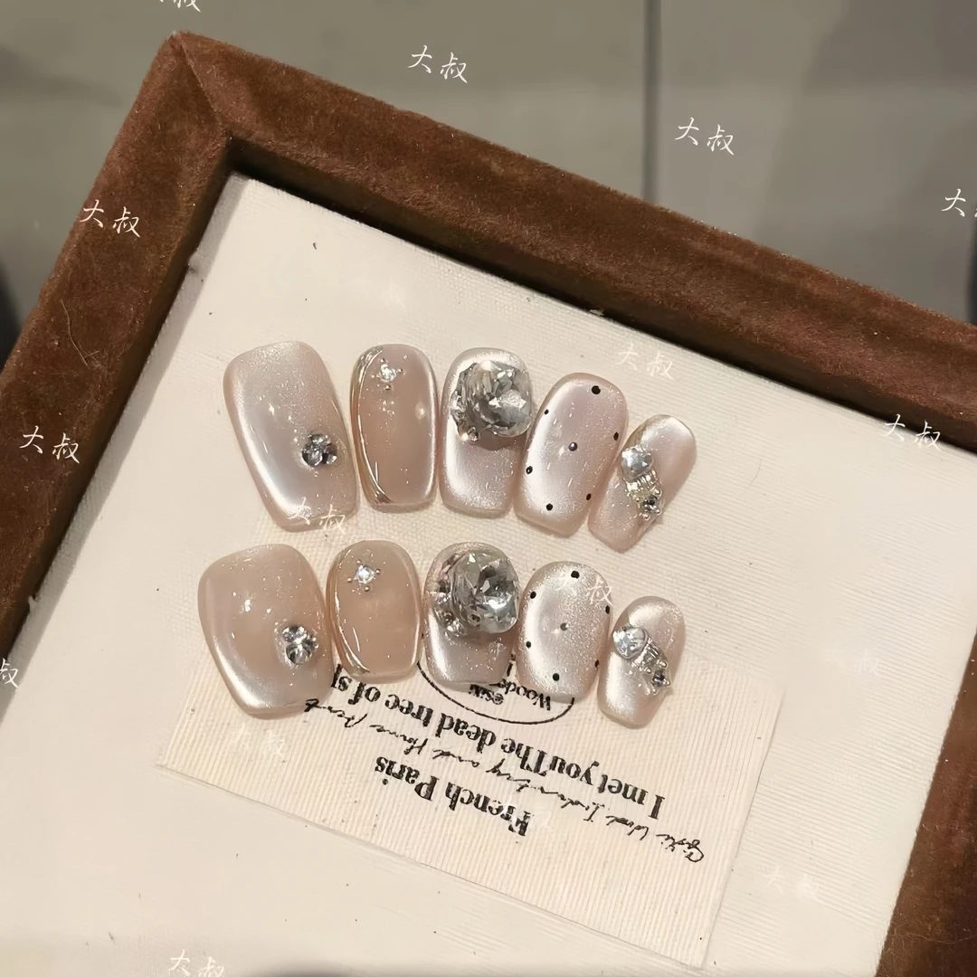 月白风清 纯手工穿戴甲月光猫眼镶钻波点猫眼显白百搭可拆卸穿戴